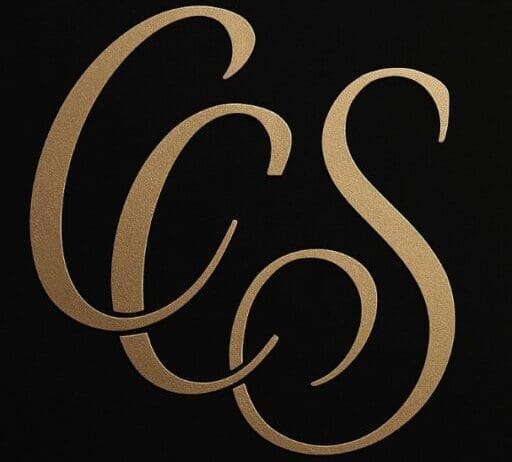 CCS logo with connected gold calligraphy letters on black background